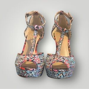 Thalia Sodi Multicolor Geometric Sparkly Platform Heels Peep Toe Size 6